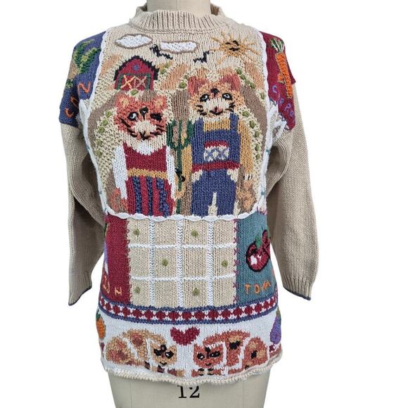 80s VTG Beldoch Popper 3D Sweater American Gothic Cat Ugly Cottage Core Sz S - Picture 4 of 8